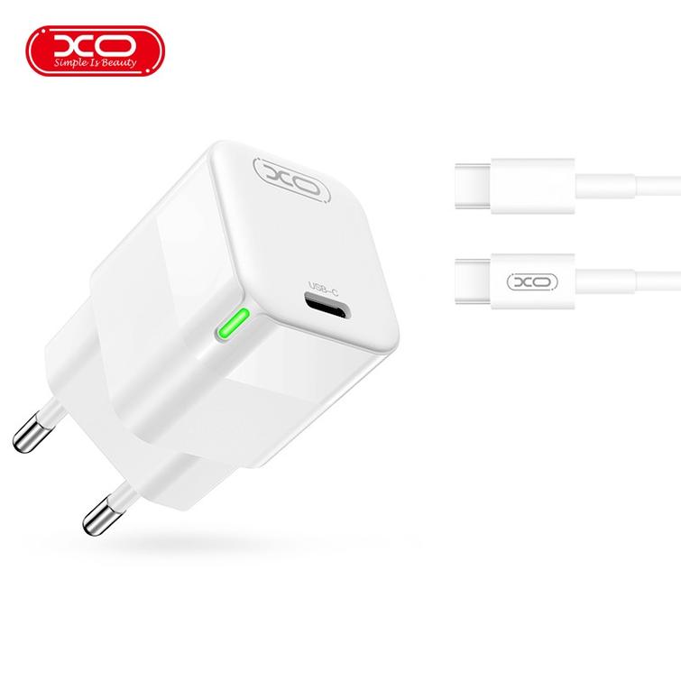XO-sein&auml;laturi CE06 PD 30W 1x USB-C valkoinen + USB-C - USB-C -kaapeli