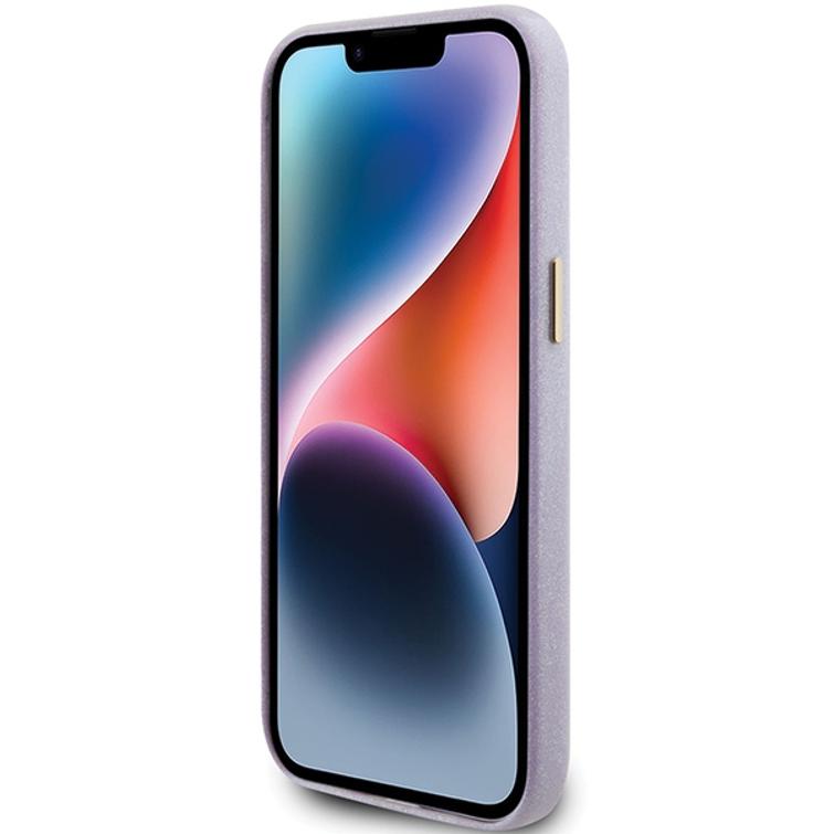 Guess iPhone 15 Pro Max 6,7" -puhelimen kuoret GUHCP15XPGMCSL liilaa kovakuori Glitter Glossy Script -kuviolla.