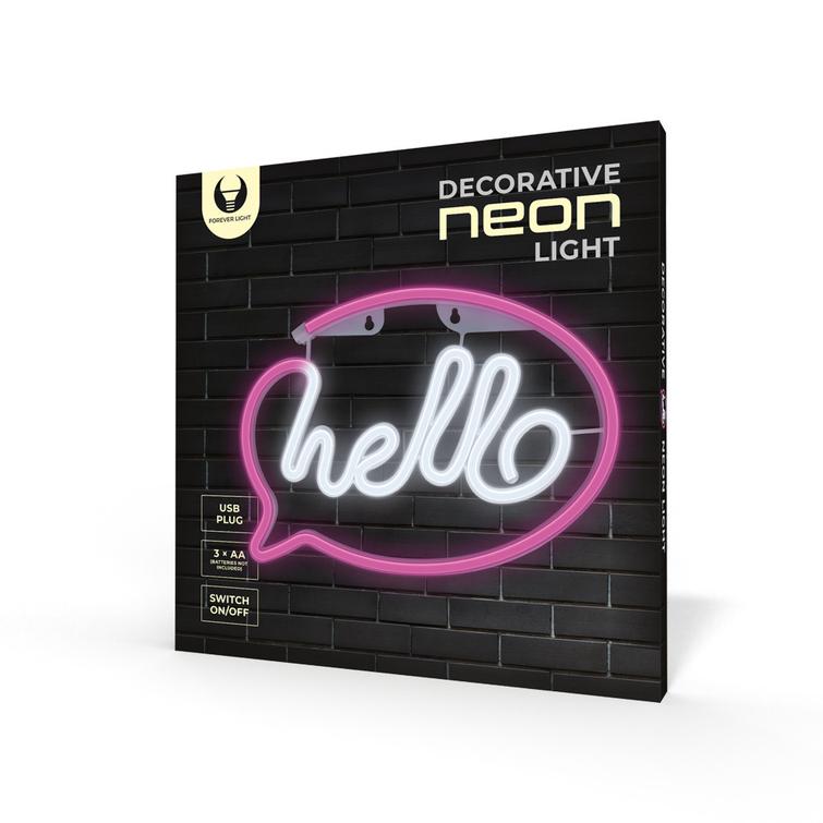 Neon LED-valo HELLO pinkki valkoinen lepakko + USB FLNE15 Forever Light