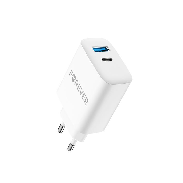 Forever TC-07-30AC PD QC laturi 1x USB-C 1x USB 30W valkoinen + USB-C - USB-C kaapeli 60W