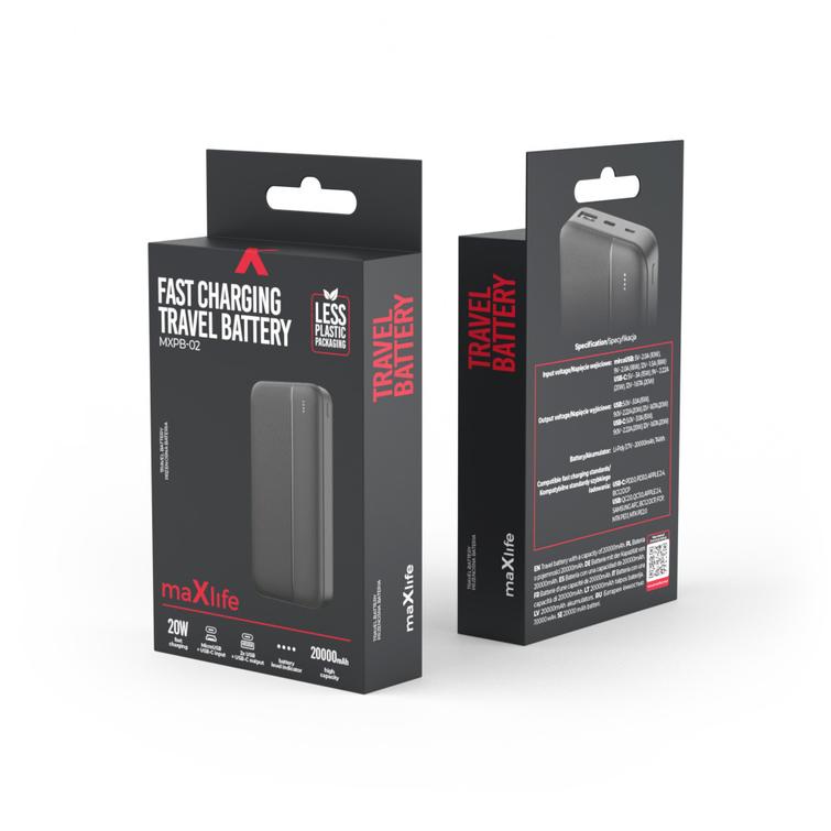 Maxlife varavirtal&auml;hde MXPB-02 PD QC 20W 20000 mAh musta