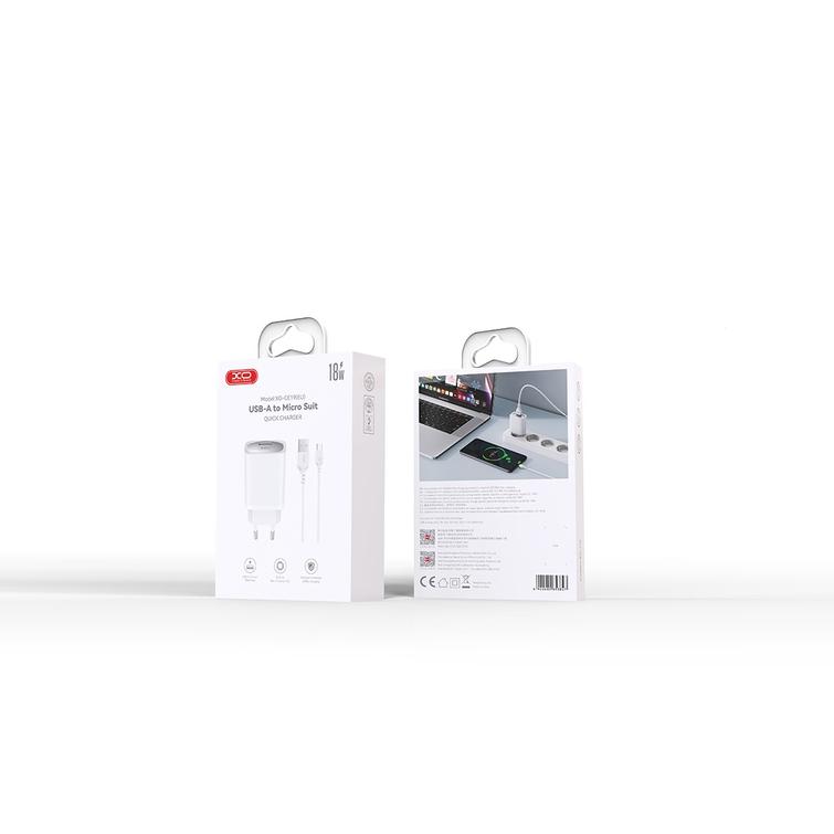 XO-seinälaturi CE19 QC 18W 1x USB valkoinen + microUSB-kaapeli