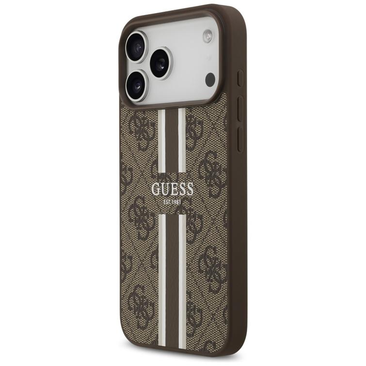 Guess 4G Printed Stripes MagSafe -kotelo iPhone 17 Pro Maxille, ruskea