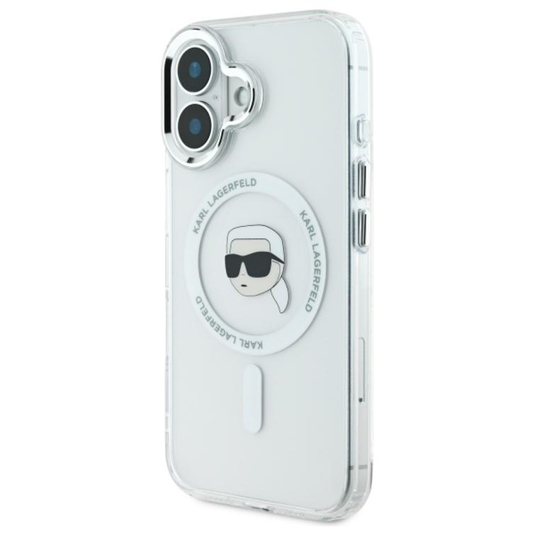 Karl Lagerfeld iPhone 16 6,1" -puhelimen suojakuori, KLHMP16SHLSKIH, valkoinen, kova IML-suoja, metallinhohtoinen Karl Head MagSafe -naaras.