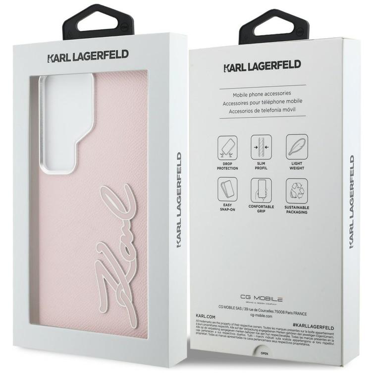 Karl Lagerfeld case Grained Signature Metal Resin Logo for Samsung Galaxy S26 Ultra pink