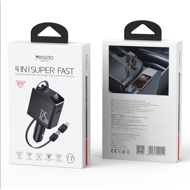 YESIDO CAR CHARGER Y71 125W FAST CHARGING 4in1 LED + C+iP CABLE 65W BLACK