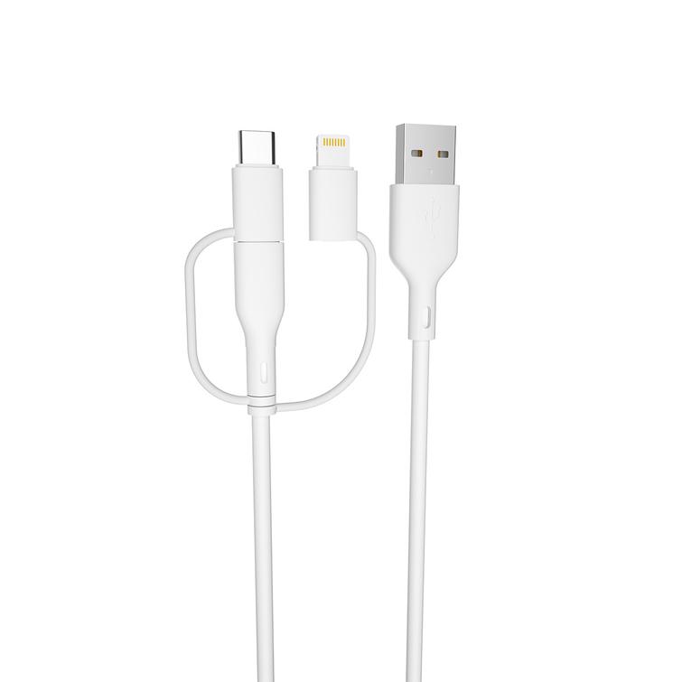 Forever kierr&auml;tyskaapeli 3w1 1,5m 2,4A USB-A -USB-C+ microUSB + Lightning KR3W1-00 valkoinen