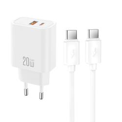XO seinälaturi CE40 PD 20W 1x USB-C 1x USB Valkoinen ja USB-C–USB-C-kaapeli