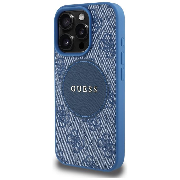 Guess HC MagSafe PU 4G Circle -suojakuori klassisella logolla iPhone 16 Pro Maxille, sininen