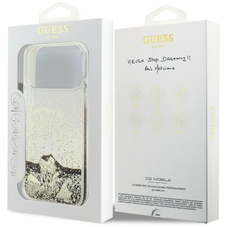 Guess Liq. Glitter 4 Charms -suojakuori iPhone 17 Pro Maxille, kulta