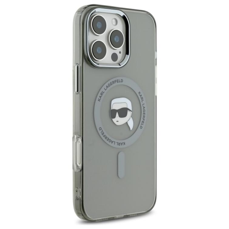 Karl Lagerfeld -suojakuori iPhone 16 Pro 6,3":lle. KLHMP16LHLSKIK, musta. Kova IML-suoja metallia. Karl Head MagSafe -luotauksella.