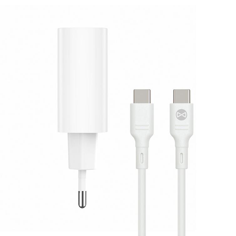 Forever TC-07-30AC PD QC laturi 1x USB-C 1x USB 30W valkoinen + USB-C - USB-C kaapeli 60W