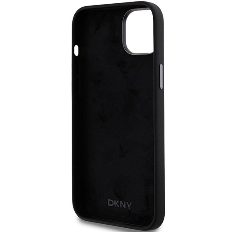 DKNY iPhone 15 Plus 6,7" -puhelimen suojakuori DKHCP15MSMCBSK, musta HC-silikoni ja pinomainen metallilogo.