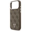 Guess Case Magsafe 4G PU-nahkakotelo kolmiologolla ja hopeisella metallisella kamerakehyksell&auml; iPhone 17 Pro Maxille, ruskea