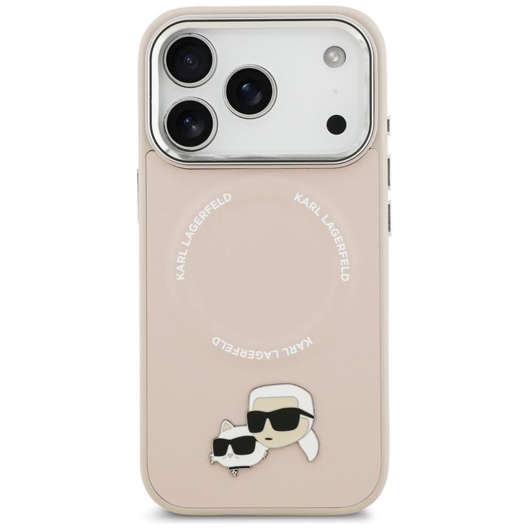 Karl Lagerfeld -kotelo, Magsafe PU -kotelo, jossa Karl&Choupette-p&auml;&auml;t, nastat, logo ja metalliset kamerapainikkeet iPhone 17 Prolle, beige