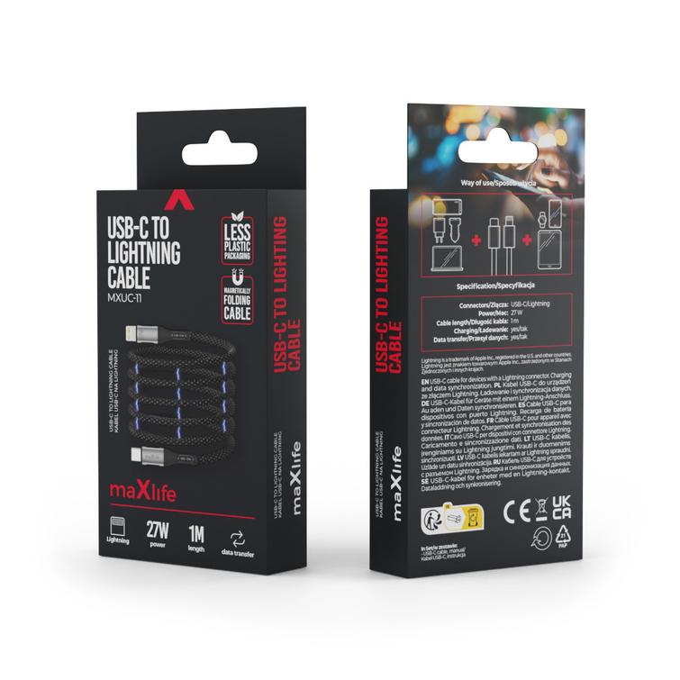 Maxlife MXUC-11 magneettikaapeli USB-C - Lightning 1,0 m 27W musta nailon