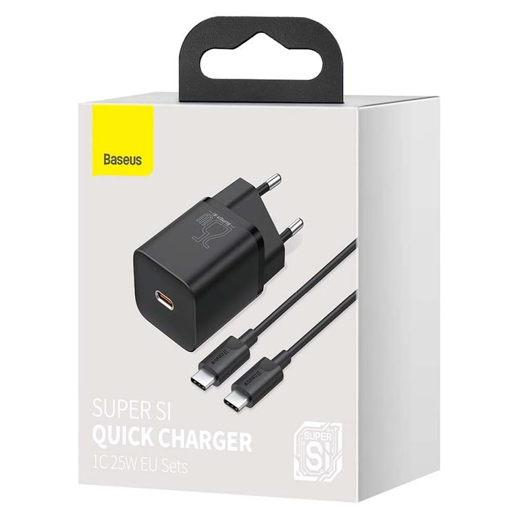 Baseus-sein&auml;laturi Super Si PD 25W 1x USBC musta + USB-C - USB-C-kaapeli