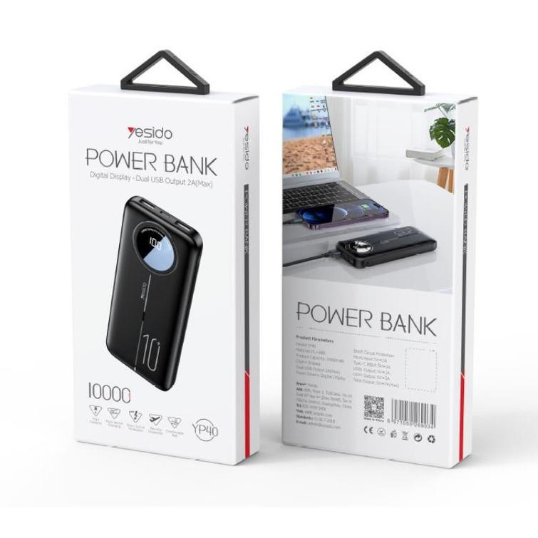 yesido Powerbank YP40 10 000 mAh LED, 2xUSB-A + USB-C, BLACK
