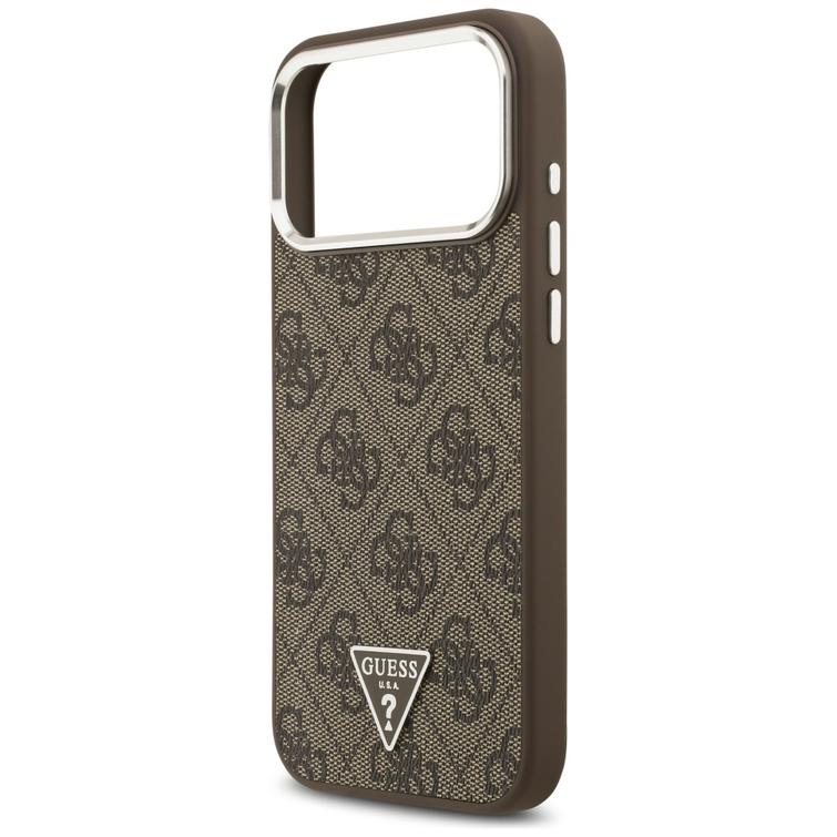 Guess Case Magsafe 4G PU-nahkakotelo kolmiologolla ja hopeisella metallisella kamerakehyksell&auml; iPhone 17 Pro Maxille, ruskea