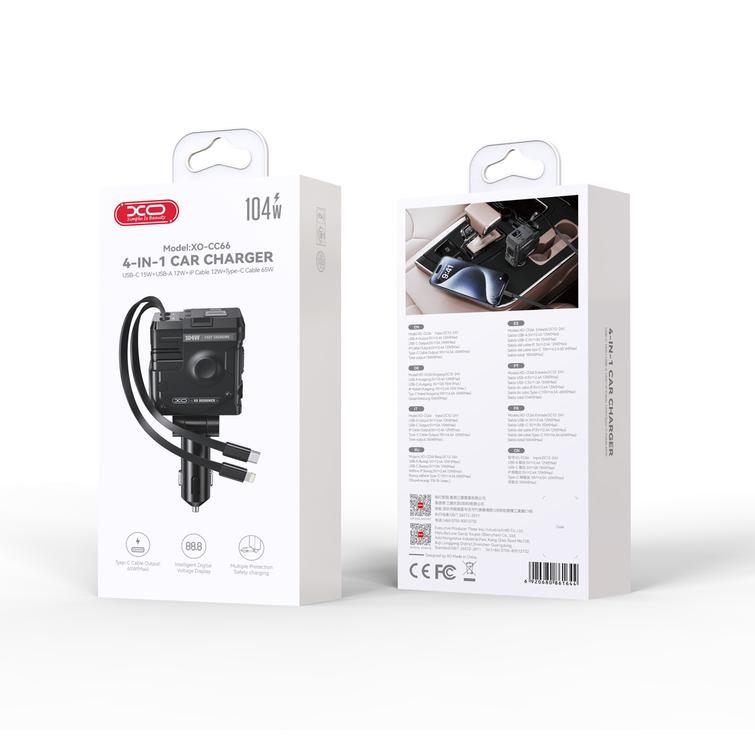 XO autolaturi CC66 104W 1x USB 1x USB-C musta USB-C-kaapelilla ja Lightning-kaapelilla