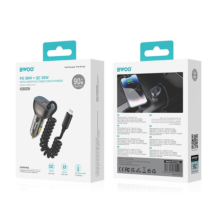 BWOO CC96L 30W PD autolaturi 1x USB-C 1x USB-portti Lightning-kaapelilla harmaa