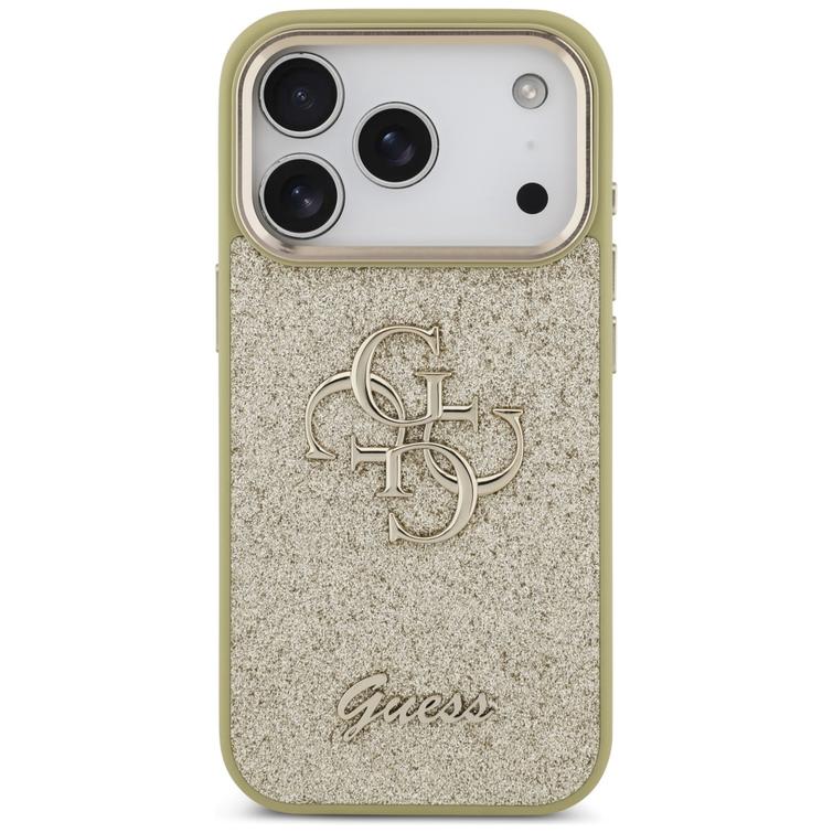 Guess Fixed Glitter Big 4G Metal Frame -suojakuori iPhone 17 Prolle, kulta