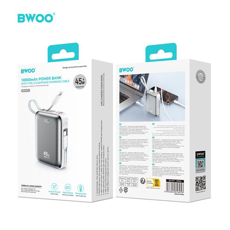 BWOO-varavirtal&auml;hde P77 45W, 10000 mAh USB-C- ja Lightning-kaapelilla, harmaa