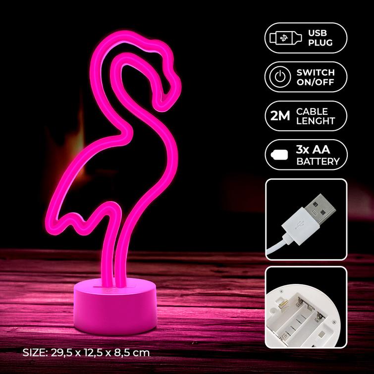 Neon-LED jalustalla FLAMINGO pinkki USB-C FSC-11 Forever Light