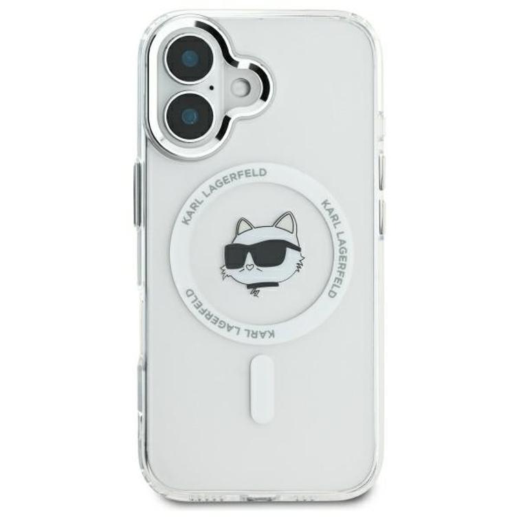 Karl Lagerfeld iPhone 16 6,1" KLHMP16SHLSCHH -suojakuori, valkoinen, kova IML-suoja, metallinen Choupette-pää, MagSafe