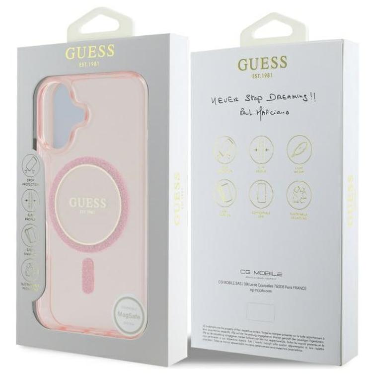 Guess HC MagSafe IML Glitter Circle -suojakuori iPhone 16 6,1":lle, pinkki