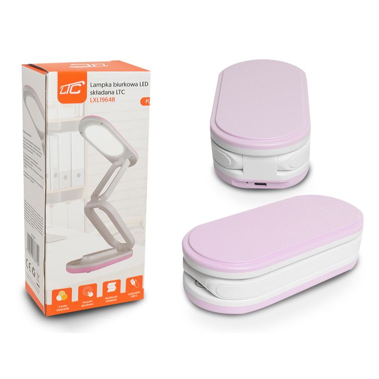 Kokoontaitettava LED-pöytävalaisin 10W, 3000/4500/6000K, 1200mAh, pinkki, LTC