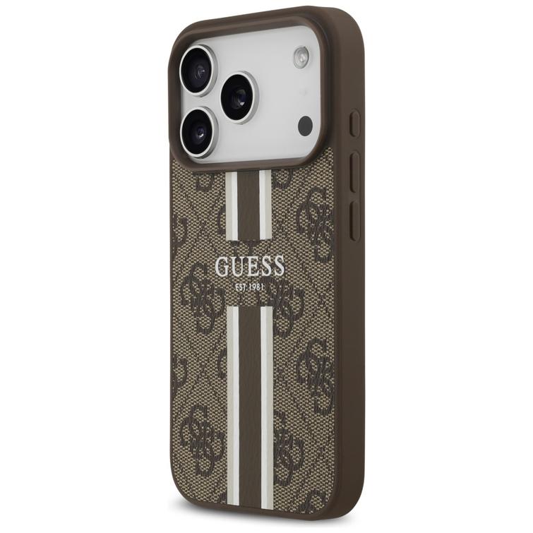 Guess 4G Printed Stripes MagSafe -kotelo iPhone 17 Prolle, ruskea