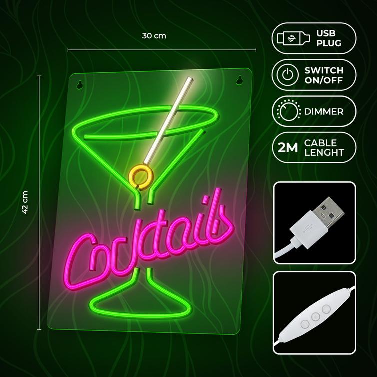Neon PLEXI LED COCKTAILS -valot, pinkki, vihre&auml; FPNE02X Forever Light