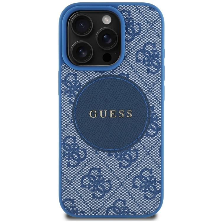 Guess HC MagSafe PU 4G Circle -suojakuori klassisella logolla iPhone 16 Pro Maxille, sininen