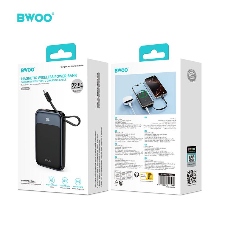 BWOO PD 20W 10000 mAh Varavirtal&auml;hde USB-C-kaapelilla ja n&auml;yt&ouml;ll&auml; P80 musta
