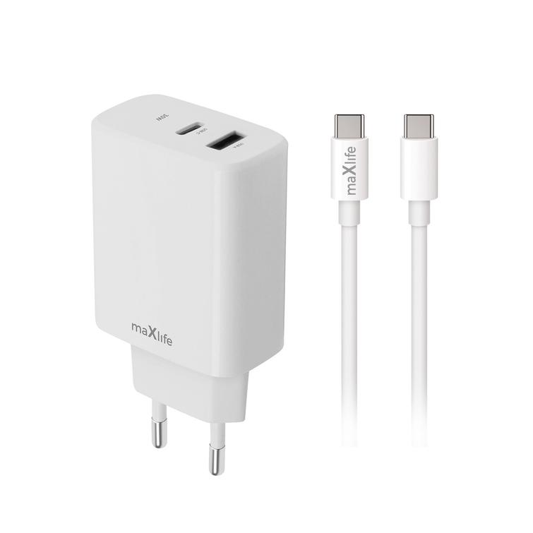Maxlife MXTC-10-20AC PD QC charger 1x USB-C 1x USB 20W white + USB-C - USB-C cable 20W