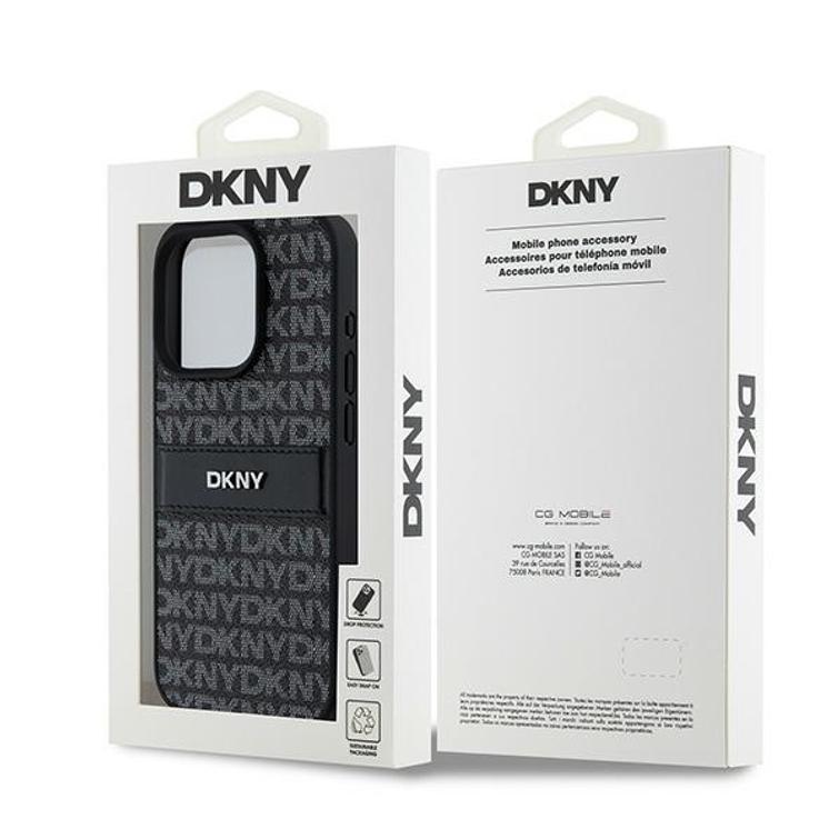 DKNY-suojakuori iPhone 15 Pro Max 6,7":lle DKHCP15XPRTHSLK musta HC PU -kuvioitu toistuva tekstuurikuvio s&auml;vyraidalla.