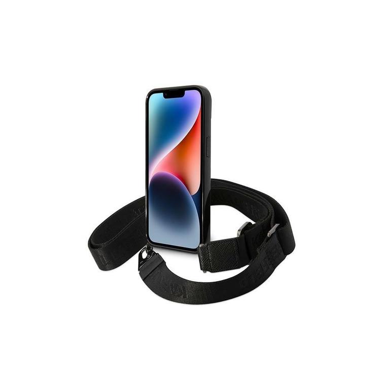 Karl Lagerfeld iPhone 14 6,1" KLHCP14SSTSTP -suojakuori, pinkki, väriraidat ja hihna.