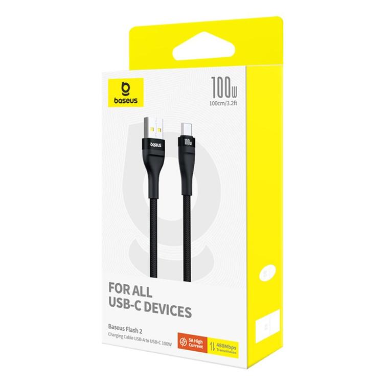 Baseus Flash 2 -latauskaapeli USB-C-kaapeliin 100W 1m, musta
