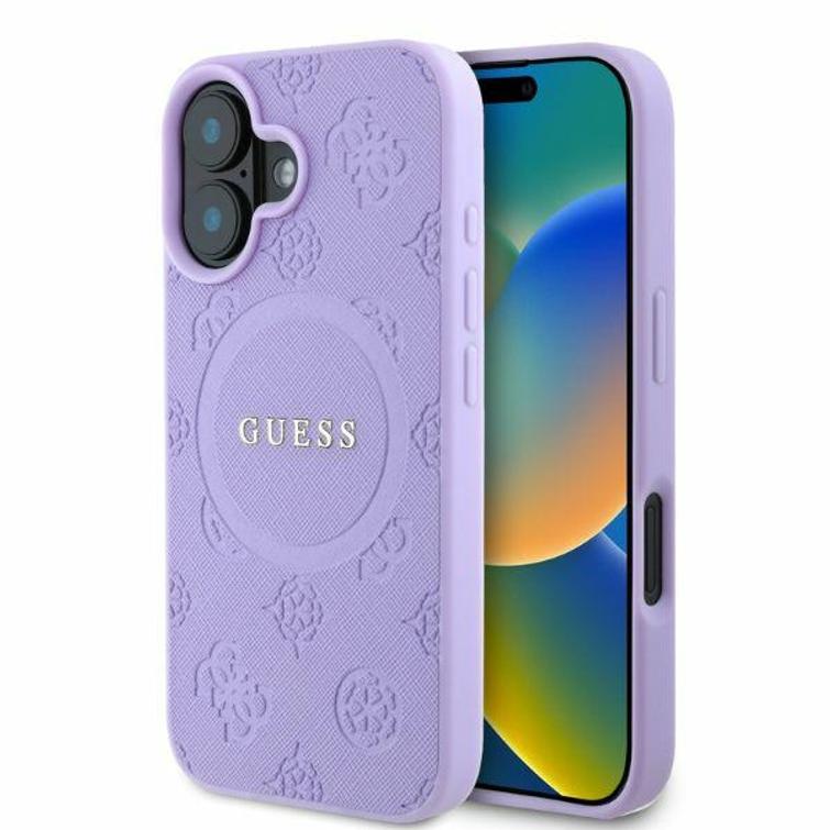 Guess iPhone 16 6,1" -puhelimen kuoret, violetit, GUHMP16SPSAPSMEU, Saffiano Peony Classic Logo -mallin kovakuori, MagSafe
