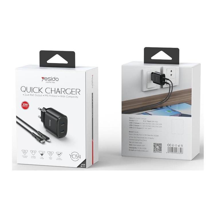 YESIDO WALL CHARGER YC54 PD 20W QC 2xUSB-C + TYPE-C/LIGHTNING CABLE 27W 1M BLACK