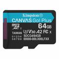 Kingstonin muistikortti 64GB microSDXC Canvas Go Plus Gen4 200R A2 U3 yksittäispakkaus ilman ADP:tä