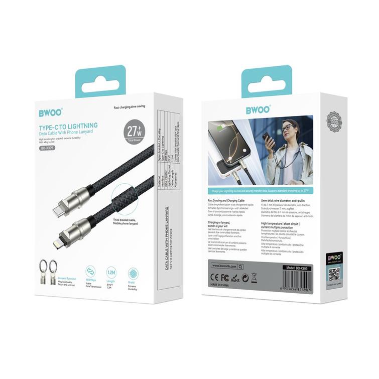 BWOO Lanyard-kaapeli USB-C - Lightning 1.2m 27W hihnalla
