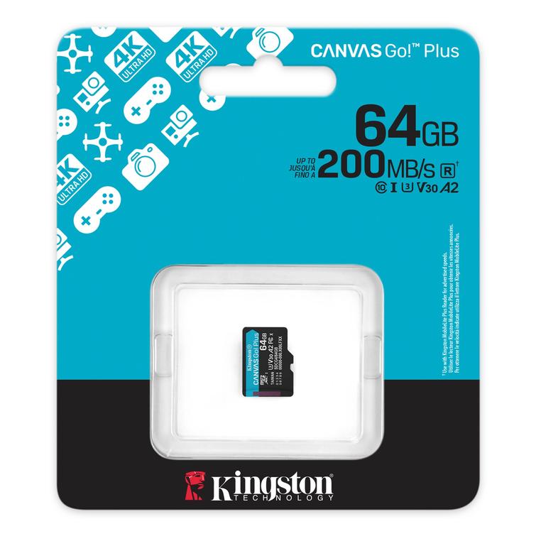 Kingstonin muistikortti 64GB microSDXC Canvas Go Plus Gen4 200R A2 U3 yksitt&auml;ispakkaus ilman ADP:t&auml;
