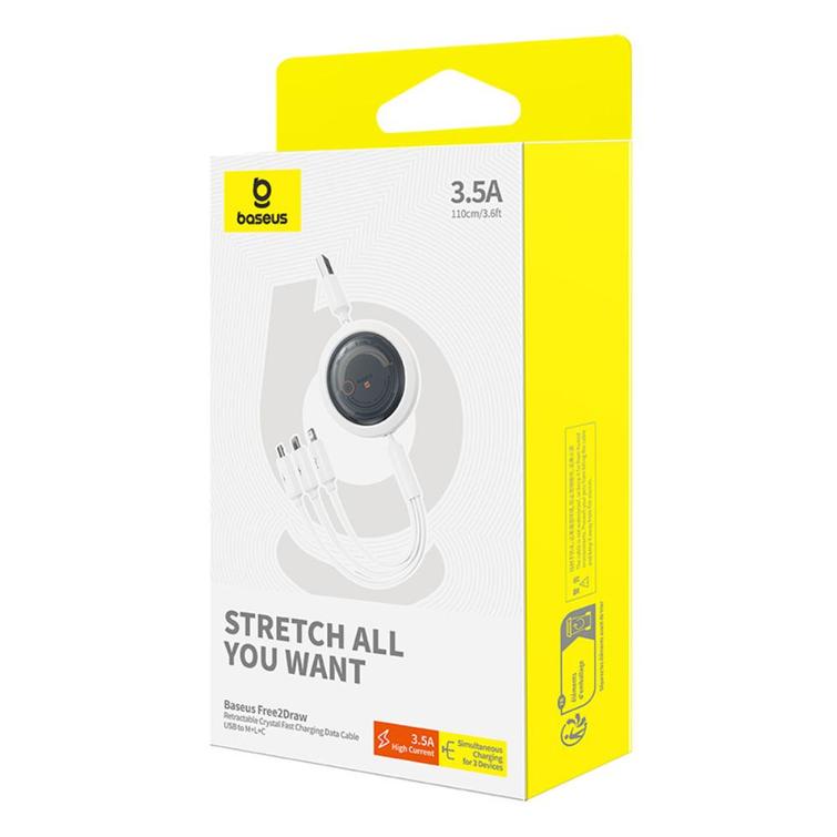 Baseus Free2Draw Sis&auml;&auml;nvedett&auml;v&auml; Kristalli Pikalatausdatakaapeli USB-M+L+C 3.5A 1.1m Kuunvalkoinen