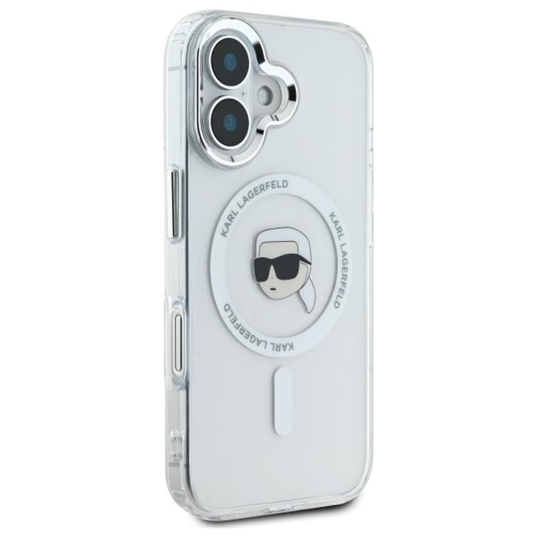 Karl Lagerfeld iPhone 16 6,1" -puhelimen suojakuori, KLHMP16SHLSKIH, valkoinen, kova IML-suoja, metallinhohtoinen Karl Head MagSafe -naaras.