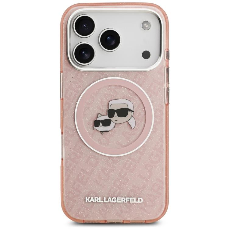 Karl Lagerfeld -kotelo, Magsafe IML -kimallekotelo, metallinen kamerakehys ja napit, Karlin ja Choupetten p&auml;&auml;t KL:n toistuvassa logossa, iPhone 17 Pro, pinkki