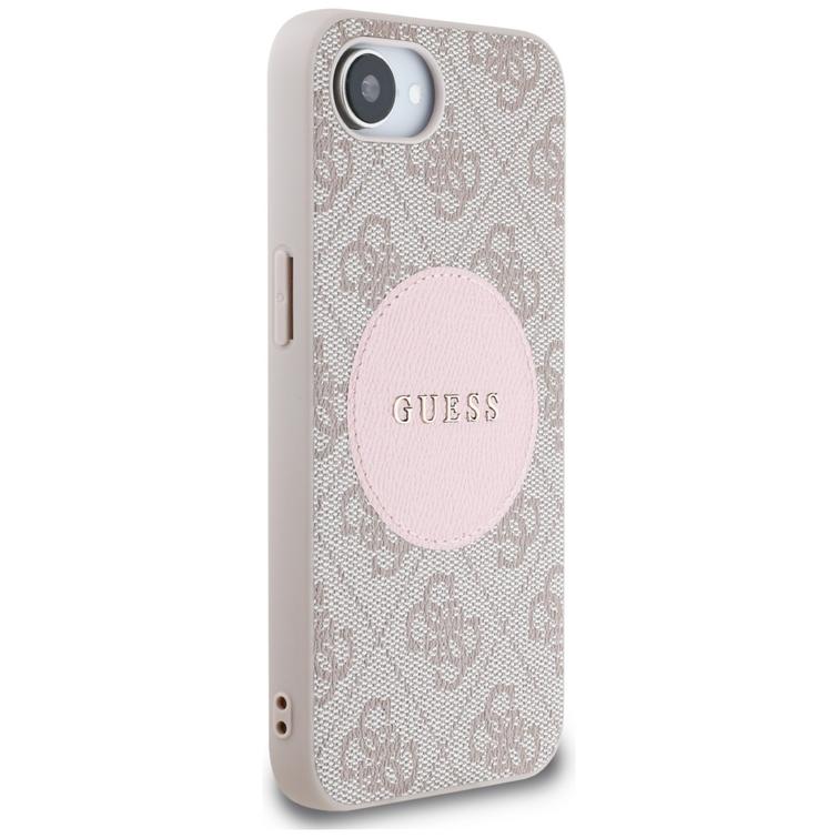 Guess HC MagSafe PU 4G Circle -suojakuori klassisella logolla iPhone 16e:lle, pinkki
