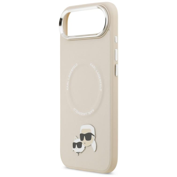 Karl Lagerfeld -kotelo, Magsafe PU -kotelo, jossa Karl&Choupette-päät, nastat, logo ja metalliset kamerapainikkeet iPhone 17:lle, harmaa.
