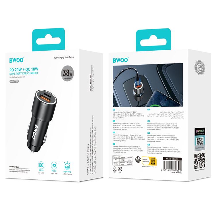 BWOO BO-CC73 PD autolaturi 1x USB-C - USB-A -portti 38W hopea